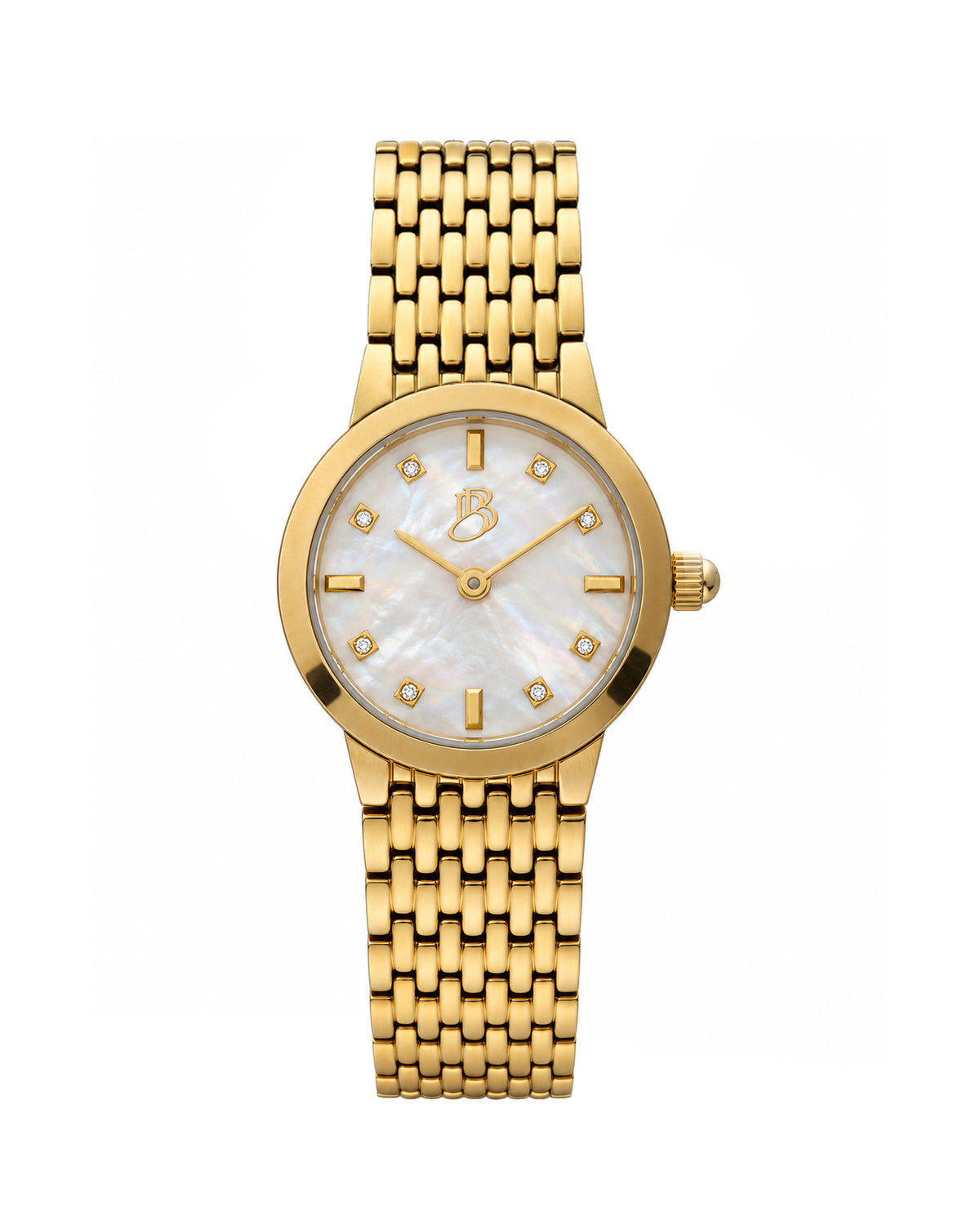 Gold Biba Bianchi women’s watch with a round case, white mother-of-pearl dial, and gold stainless steel bracelet with a buckle closure.