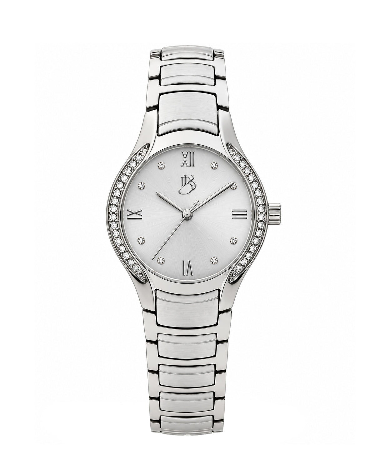 Silver Biba Bianchi women’s watch with a round case, sunray silver dial, and silver stainless steel bracelet with a buckle closure.