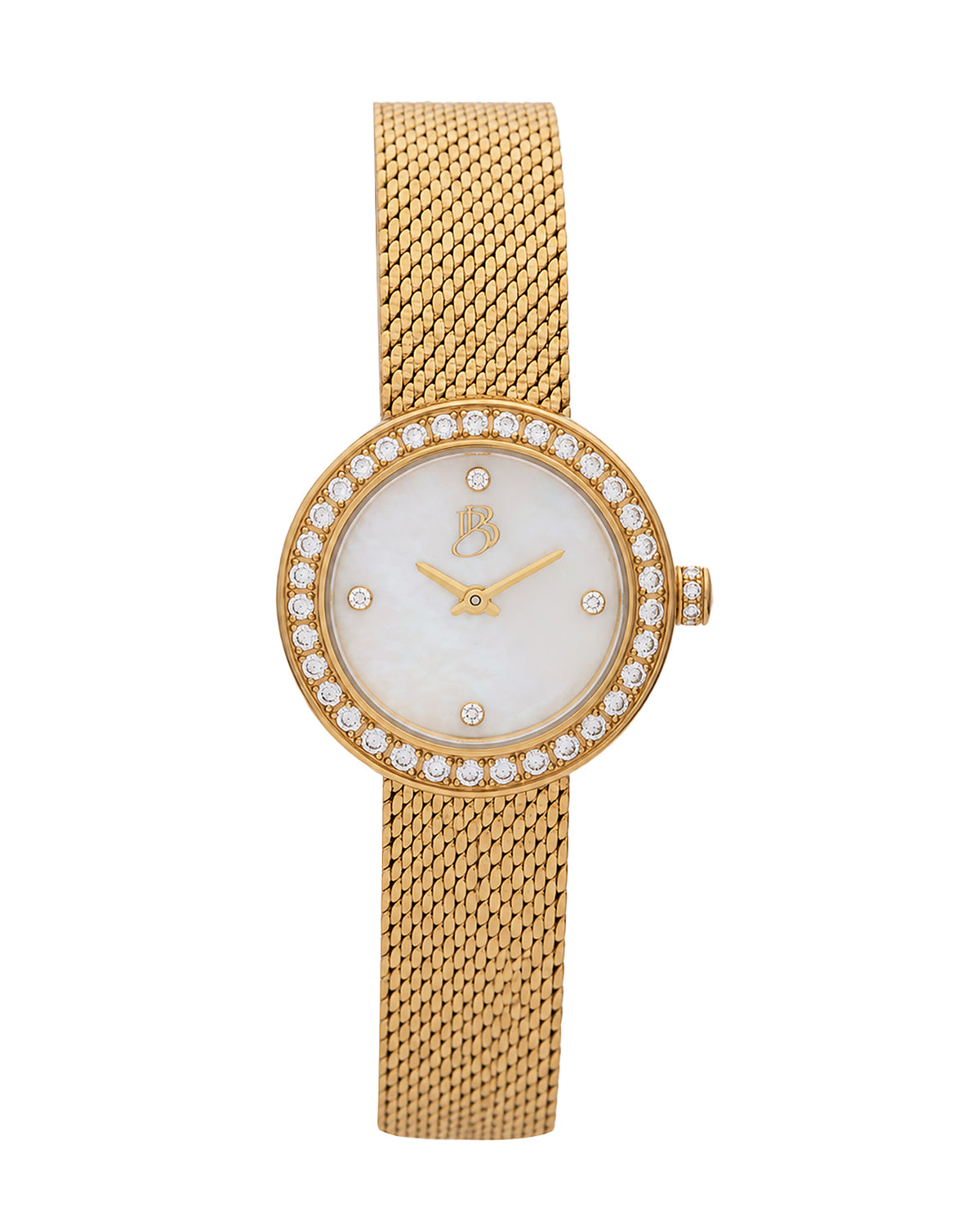 Gold Biba Bianchi women’s watch with a round case, white mother-of-pearl dial, sparkling stone-set bezel, and gold mesh strap with a buckle closure.