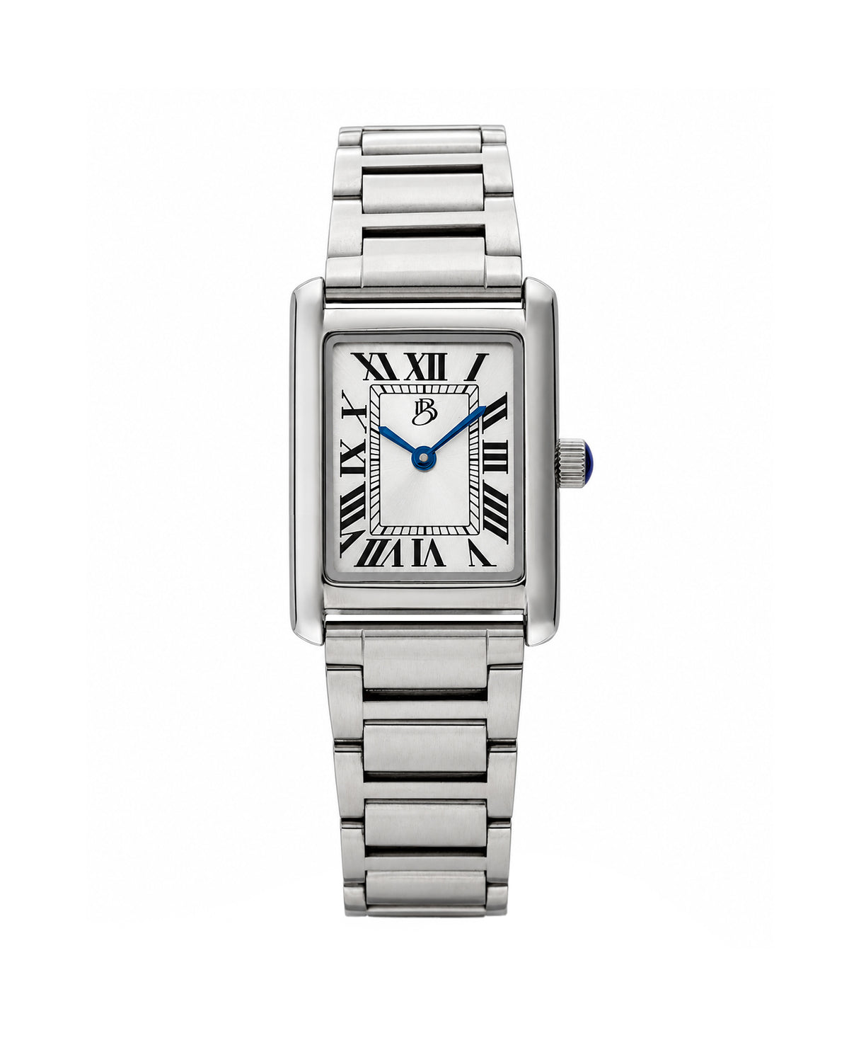 Silver Biba Bianchi women’s watch with a rectangular case, silver dial, black Roman numeral markers, blue hands, and a silver stainless steel bracelet.