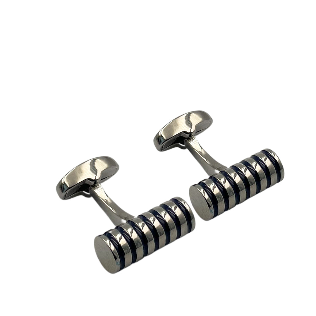 A pair of silver rhodium-plated cufflinks with blue enamel accents.