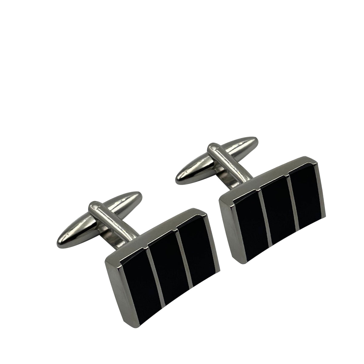 A pair of silver and black enamel cufflinks with a rectangular design.