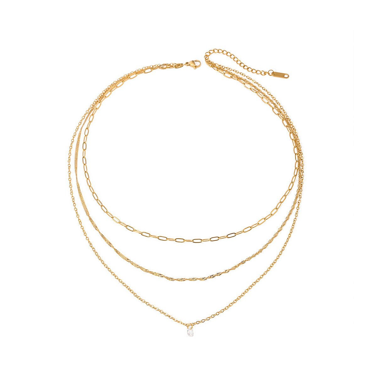 A gold-colored necklace with a pendant