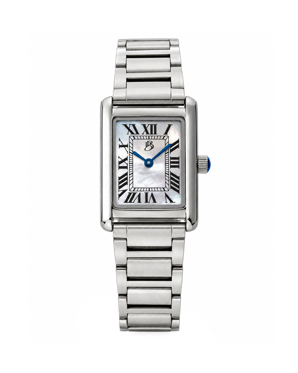 Silver Biba Bianchi women’s watch with a rectangular case, white mother-of-pearl dial, black Roman numeral markers, blue hands, and a silver stainless steel bracelet.