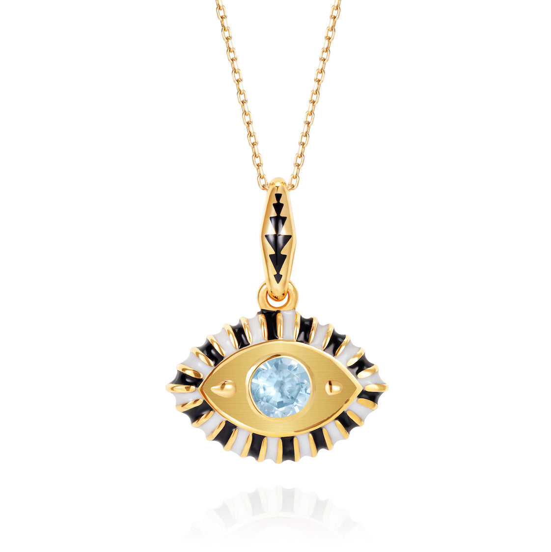 A gold-colored stainless steel women's necklace with a geometric pattern featuring an eye-shaped pendant.