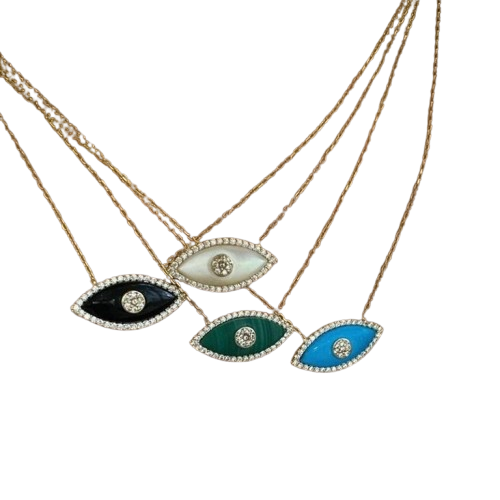 A stainless steel necklace with multiple eye-shaped pendants in different colors, featuring a gold-colored chain.