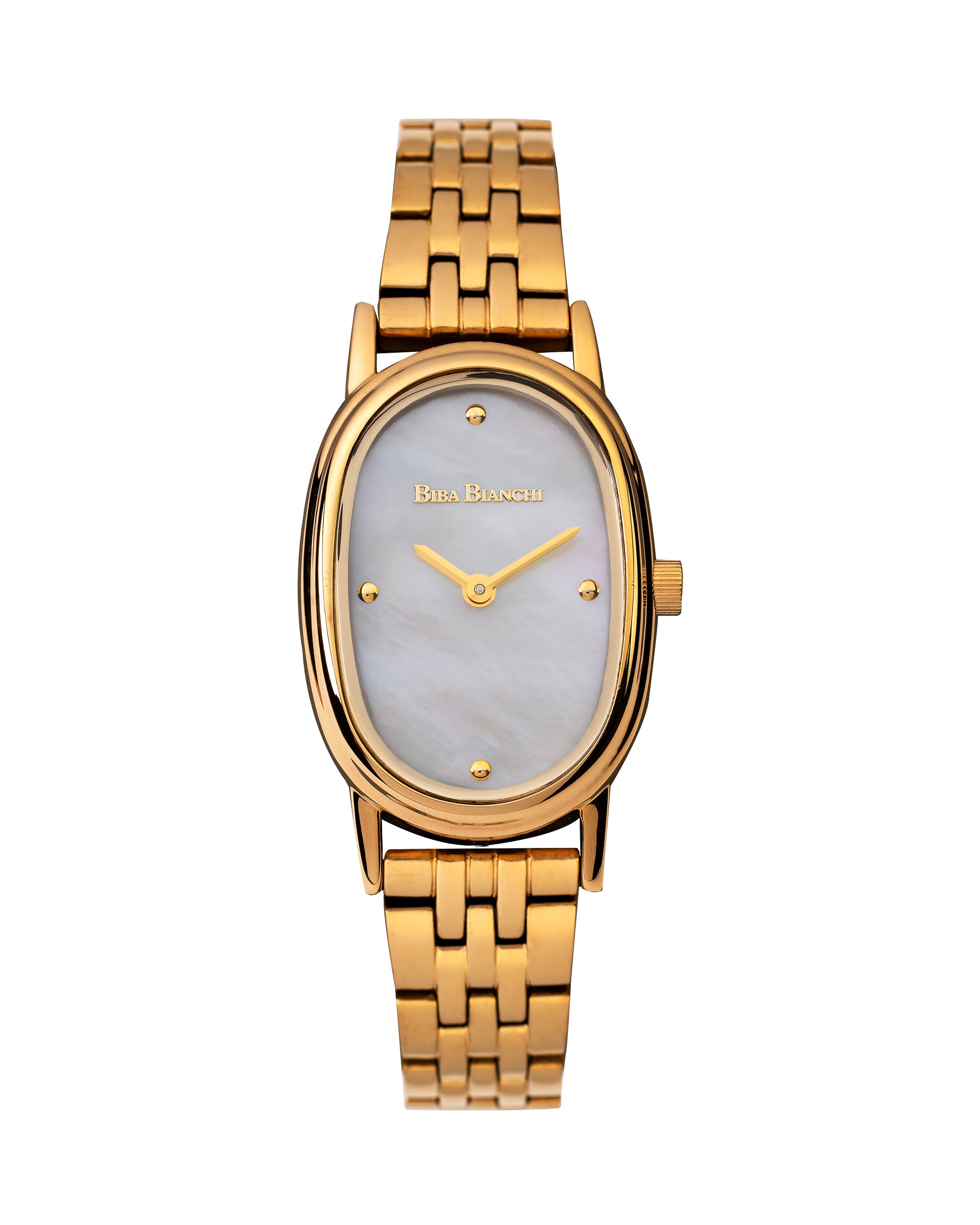 Ladies gold watch with a white mop dial