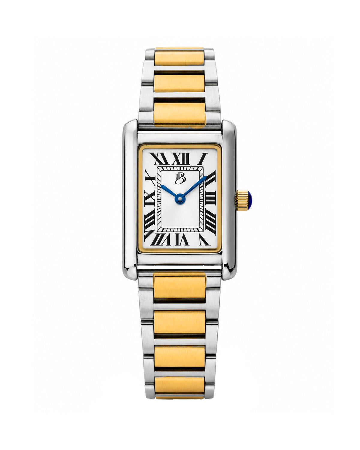 Two-tone Biba Bianchi women’s watch with a rectangular case, silver dial, black Roman numeral markers, blue hands, and a two-tone stainless steel bracelet.