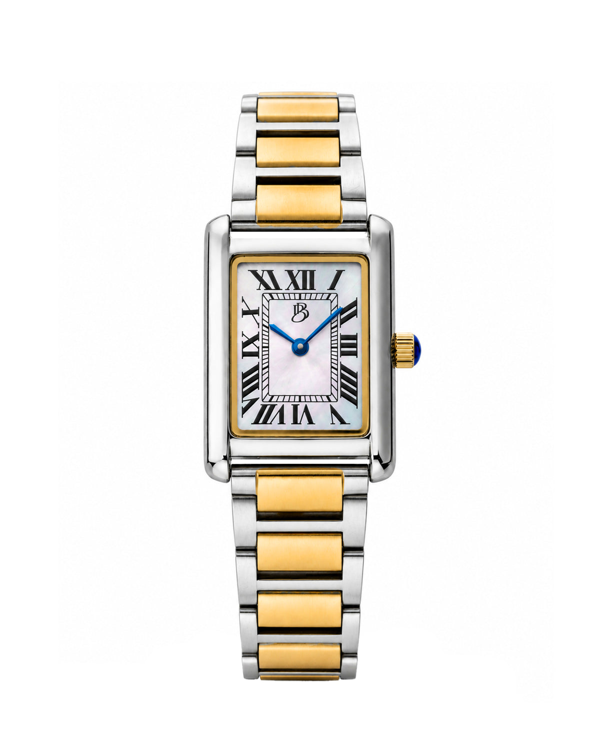 Two-tone Biba Bianchi women’s watch with a rectangular case, mother-of-pearl (MOP) dial, black Roman numeral markers, blue hands, and a two-tone stainless steel bracelet.