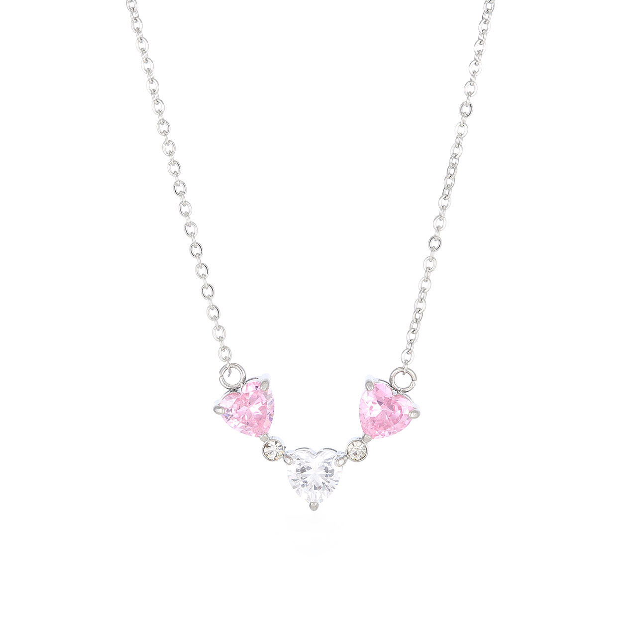 A silver-colored necklace featuring a heart-shaped pendant with a pink center and a smaller heart-shaped chain connector.