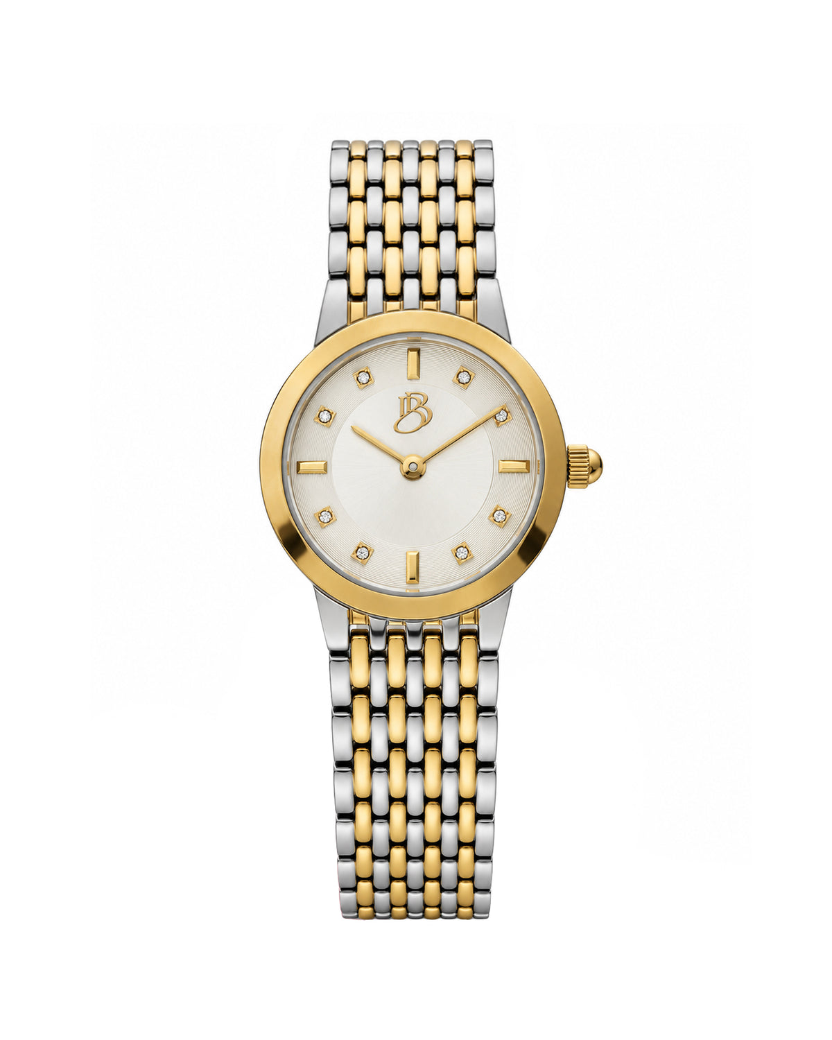 Two-tone Biba Bianchi women’s watch with a round case, silver dial, and two-tone stainless steel bracelet with a buckle closure.