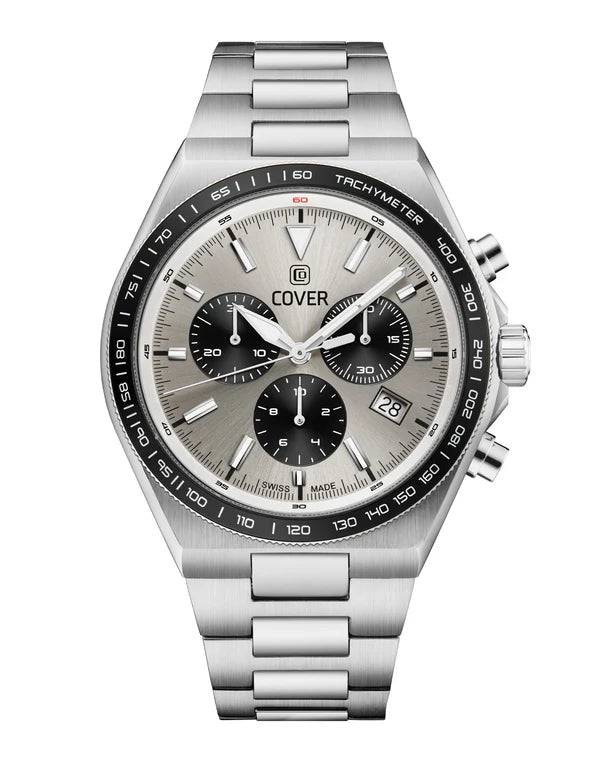 A men silver stainless steel Cover watch with a silver dial, chronograph features, and a date indication.