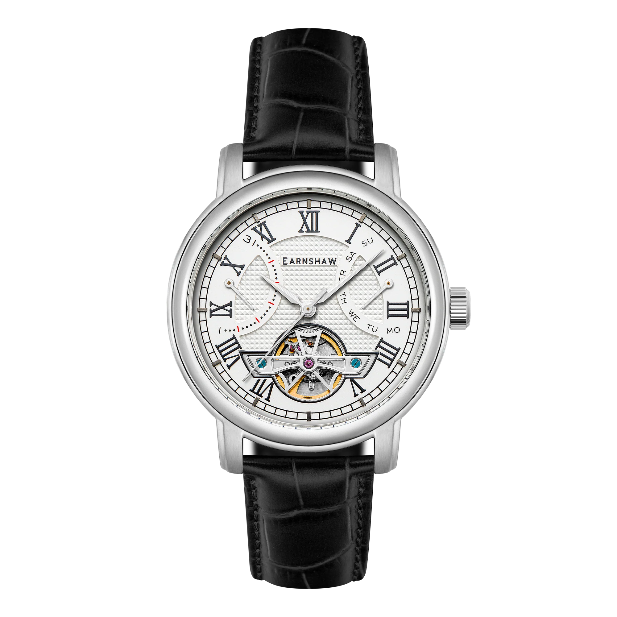 Men Earnshaw watch with black leather strap and silver case