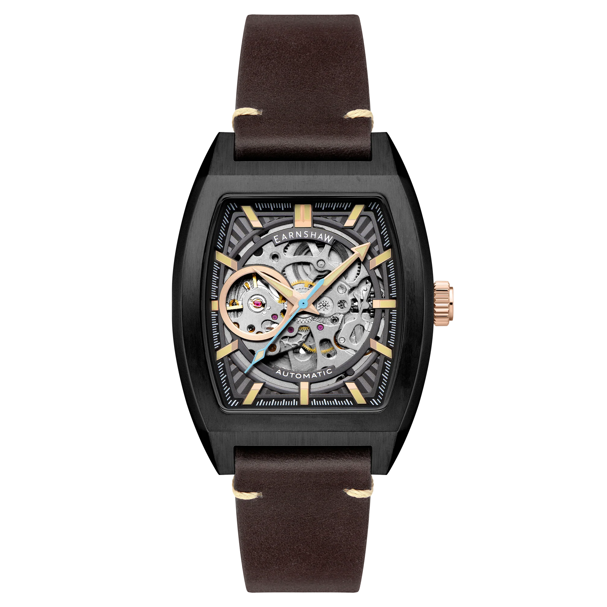 Men Watch with brown leather strap and black case