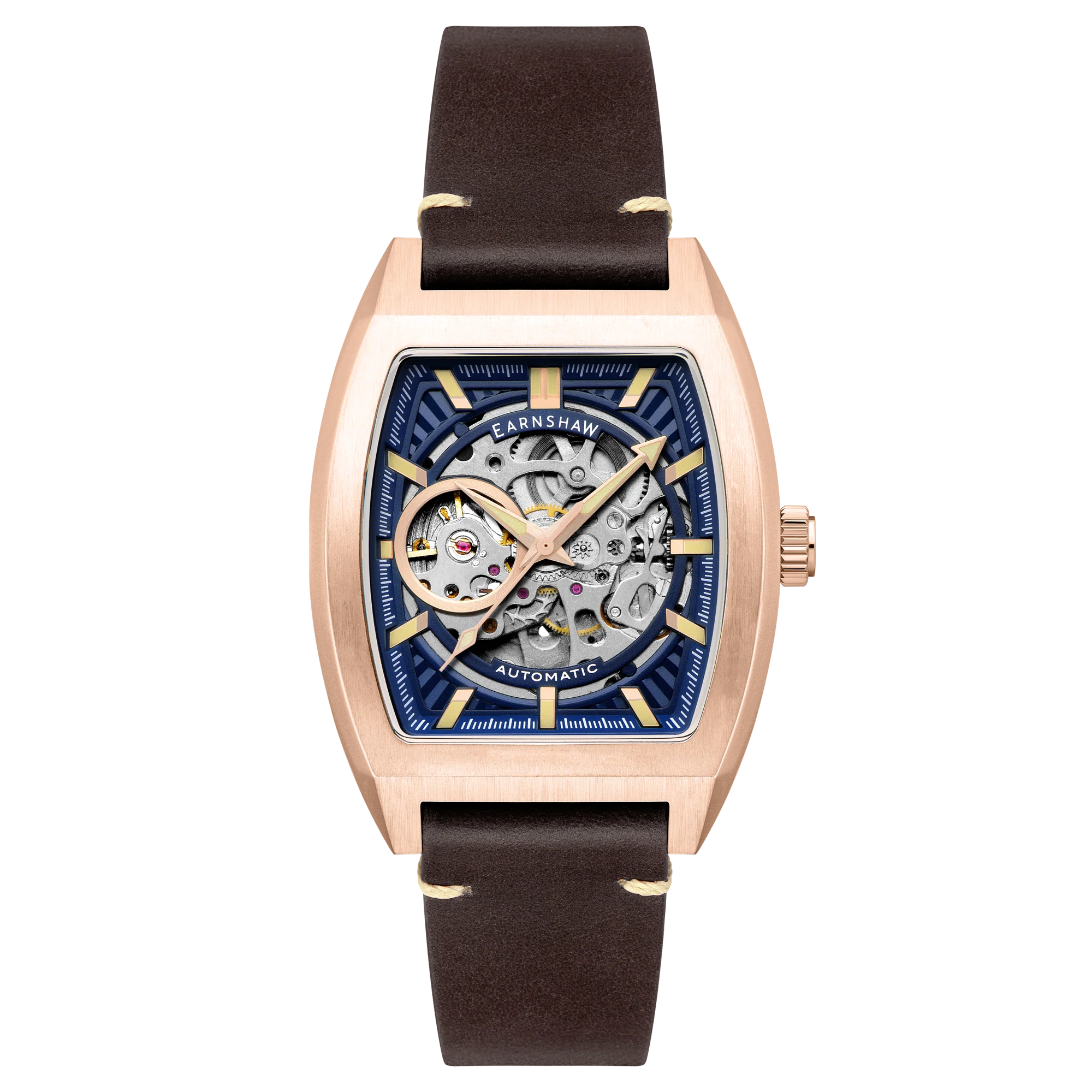 Men Luxury watch with rose gold case, blue dial, and brown leather strap