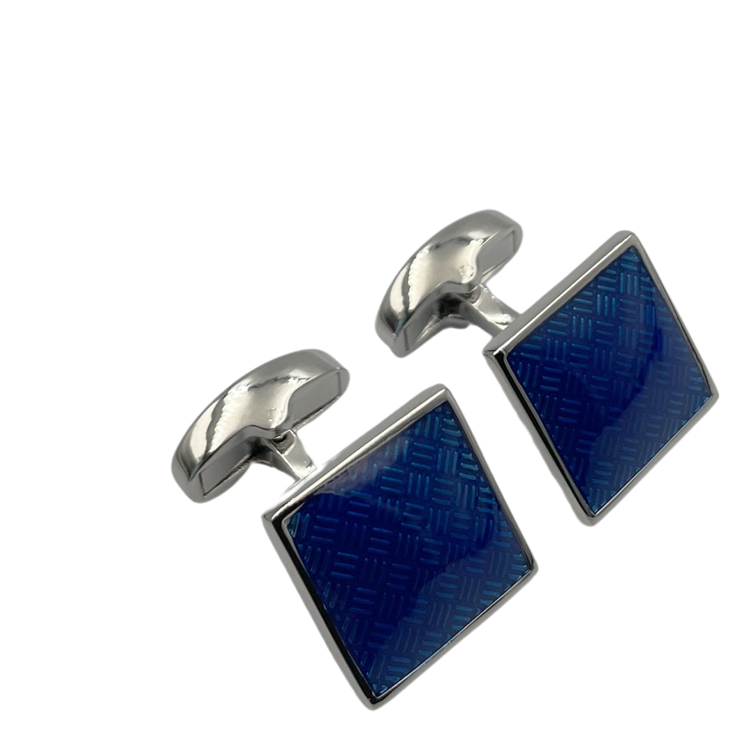 A pair of square blue carbon fiber cufflinks with a rhodium finish.