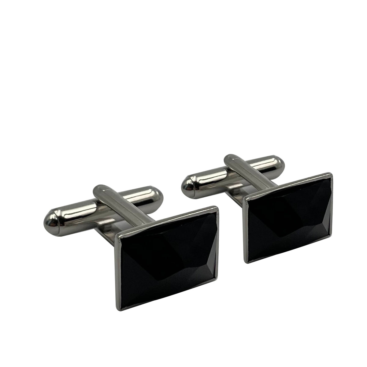 A pair of silver and black rectangular cufflinks with a swarovski crystal material.