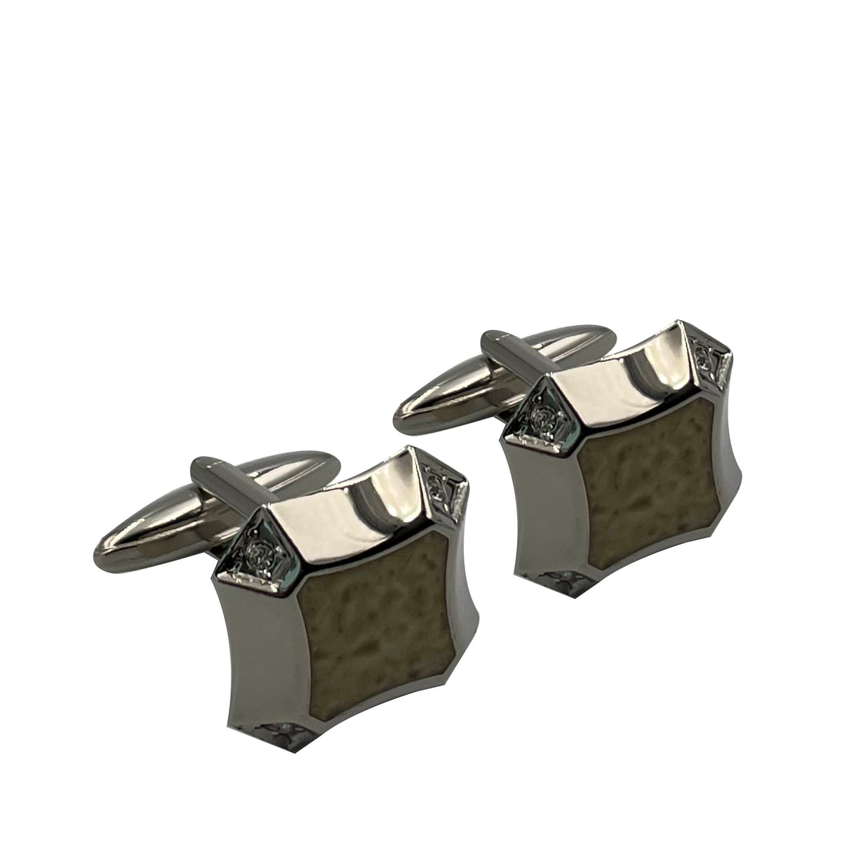 A pair of silver and black enamel cufflinks with a geometric pattern.