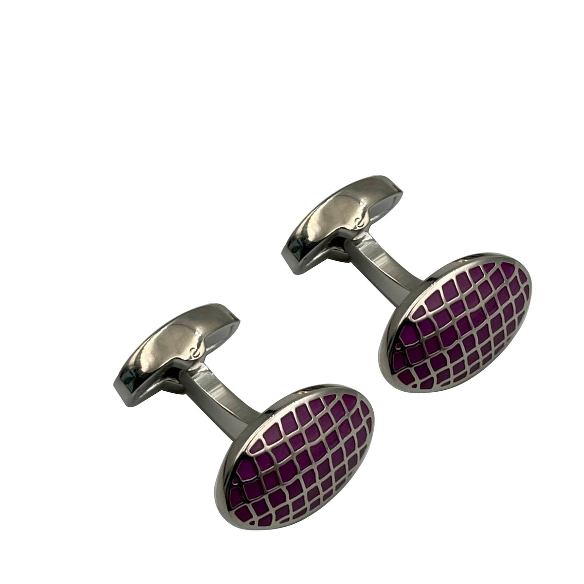 A pair of silver rhodium-plated cufflinks with purple enamel grid pattern.