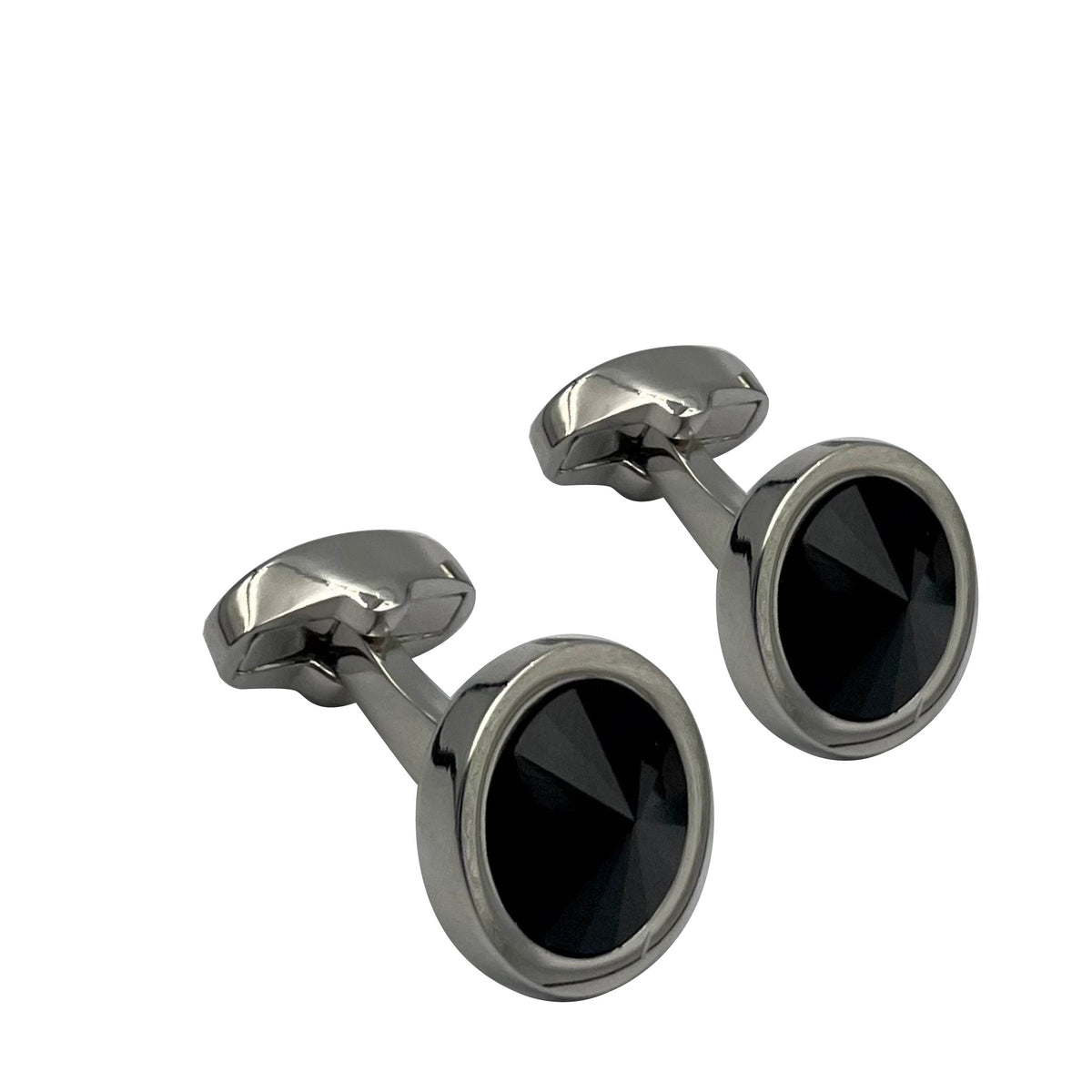 A pair of silver-colored cufflinks with a black jet zircon inlay.