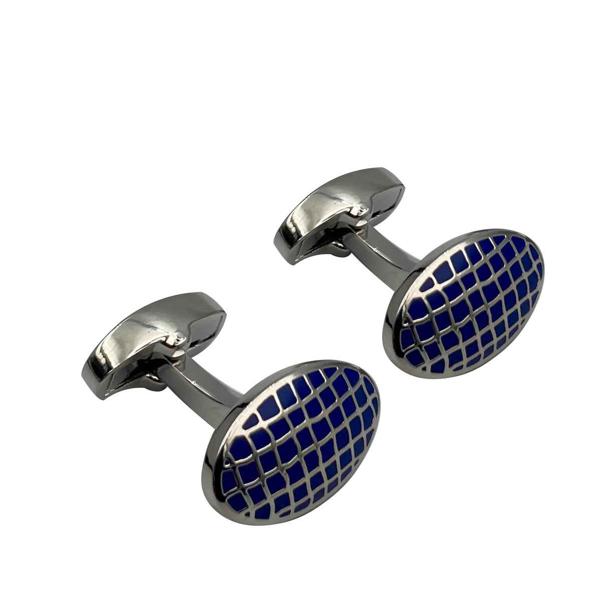 A pair of oval-shaped cufflinks with blue enamel grid pattern on a rhodium metal surface.