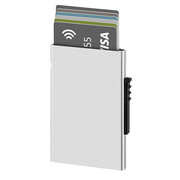 A silver aluminum men's card holder with several cards inserted, showcasing the holder's capacity and design.