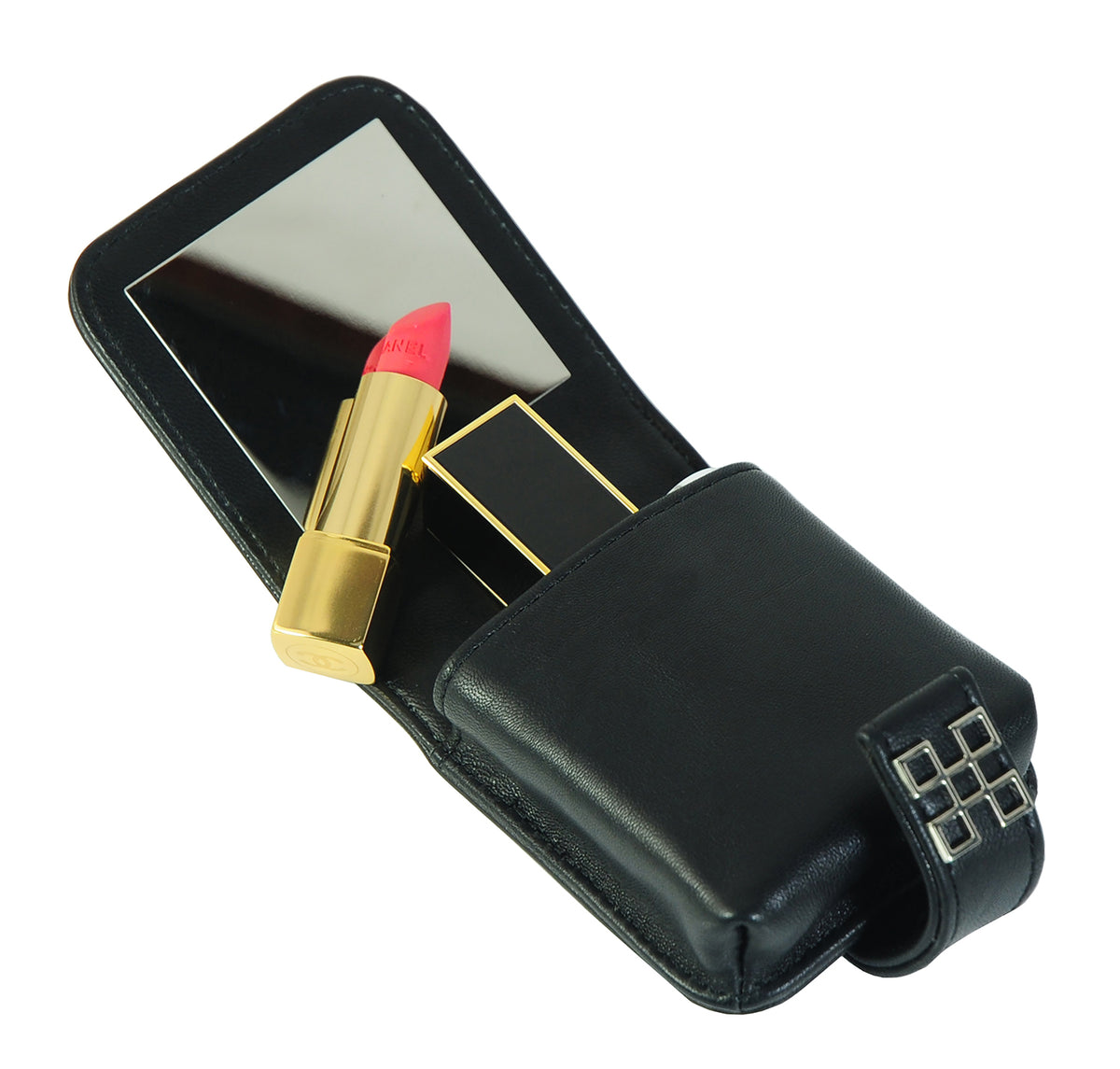A black leather lipstick case open, displaying an internal mirror