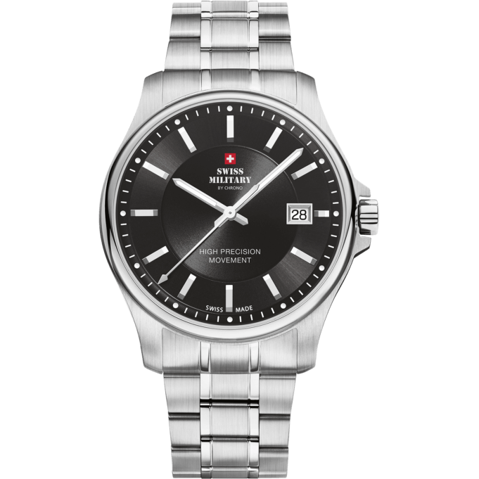 A men silver stainless steel Swiss Military watch with a black dial, black hands, and a silver band. The watch has a round case shape, a folding clasp, and displays the time with visible hour, minute, and second hands.
