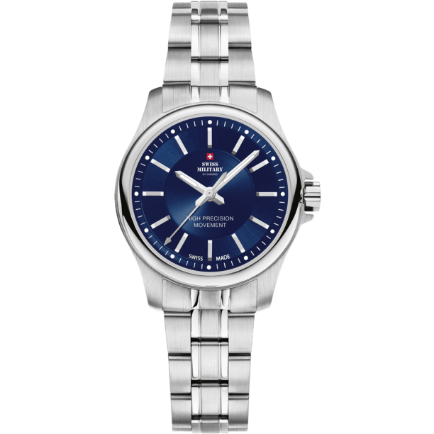 A men silver stainless steel watch with a blue dial and a silver band. The watch has a round case shape, a folding clasp, and a sapphire glass cover.