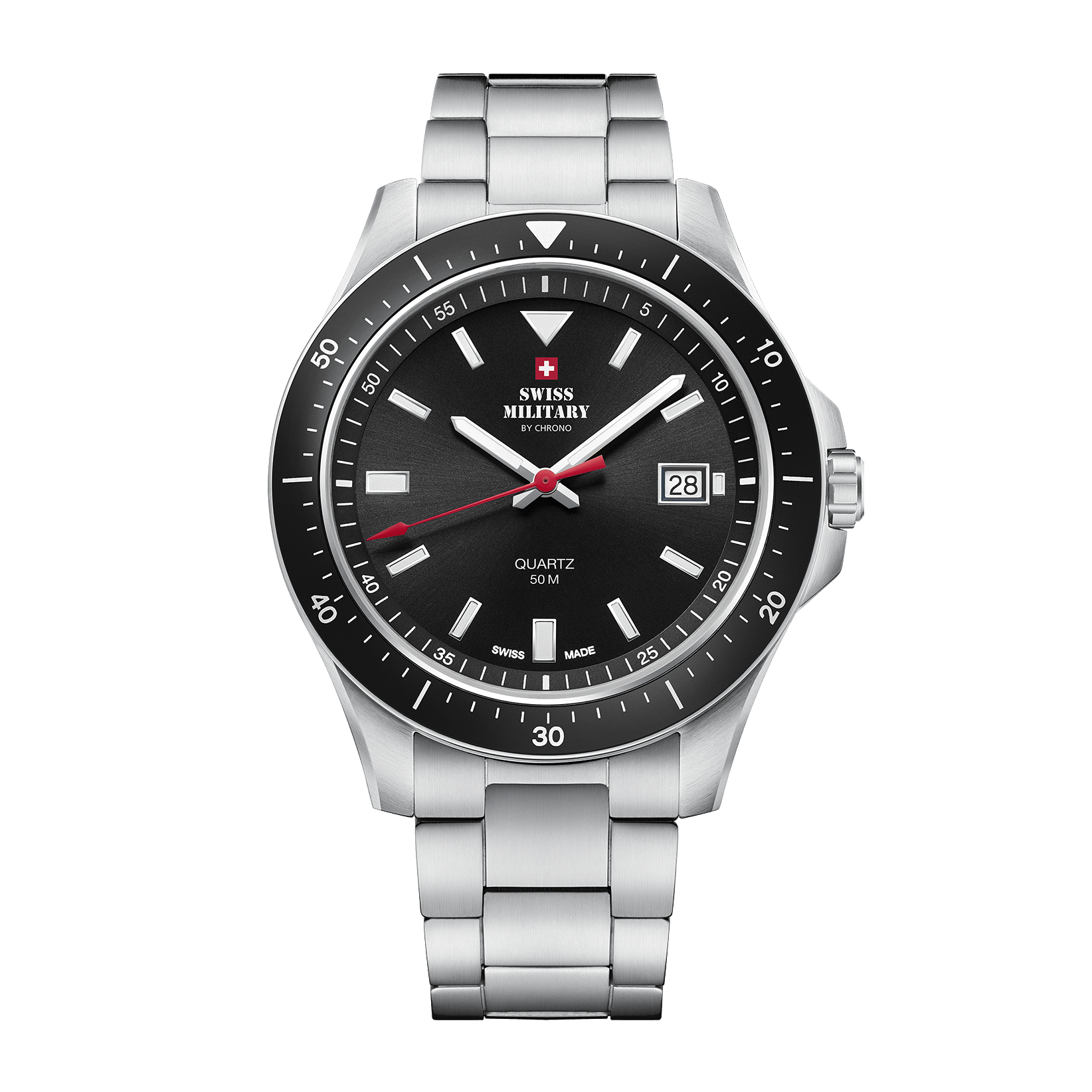 A men silver-colored stainless steel watch with a black dial, red hands, and a folding clasp. The watch has a round case shape and the brand 'Swiss Military' is visible.