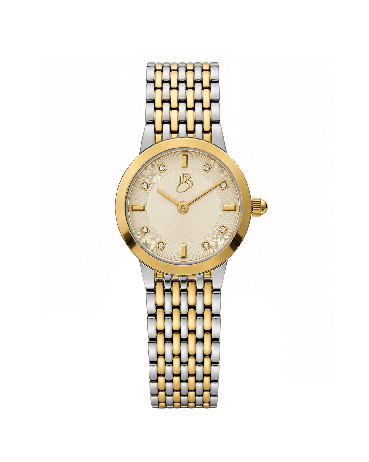 Two-tone Biba Bianchi women’s watch with a round case, champagne dial, and two-tone stainless steel bracelet with a buckle closure.
