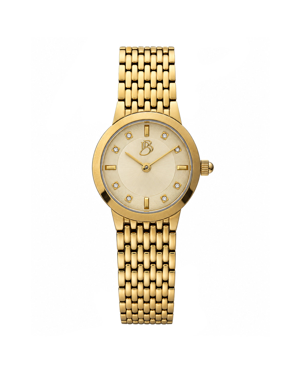 Gold Biba Bianchi women’s watch with a round case, champagne dial, and gold stainless steel bracelet with a buckle closure.