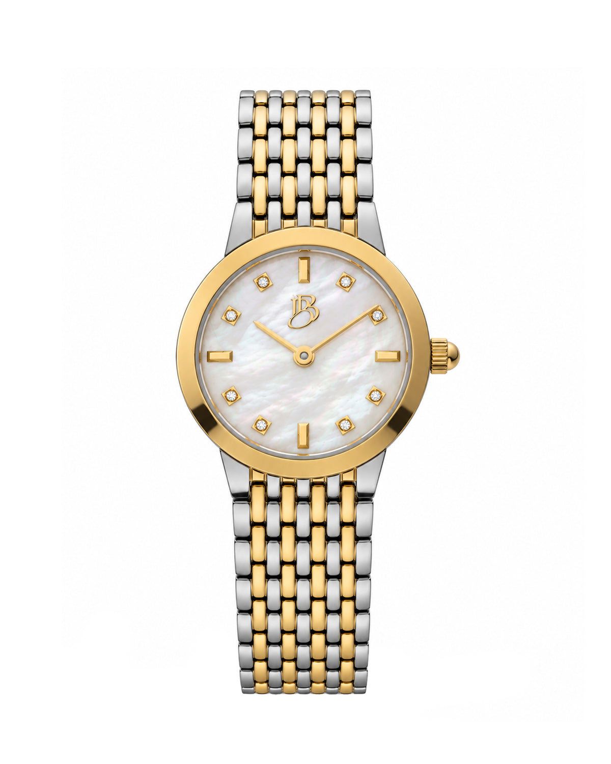 Two-tone Biba Bianchi women’s watch with a round case, white mother-of-pearl dial, and two-tone stainless steel bracelet with a buckle closure.