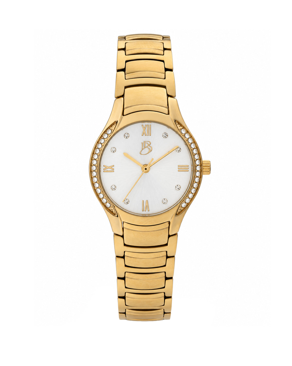 Gold Biba Bianchi women’s watch with a round case, sunray silver dial, crystal-accented bezel, and gold stainless steel bracelet with a buckle closure.