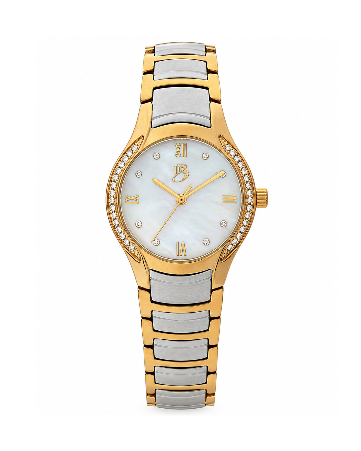 Two-tone Biba Bianchi women’s watch with a round case, white mother-of-pearl dial, and two-tone stainless steel bracelet with a buckle closure.