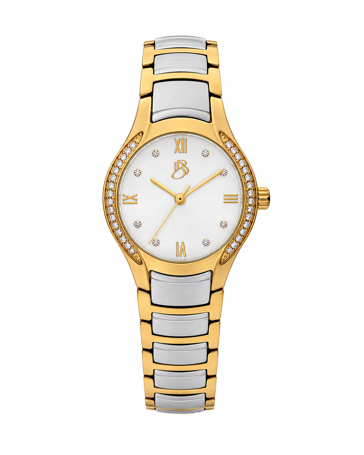 Two-tone Biba Bianchi women’s watch with a round case, sunray silver dial, crystal-accented bezel, and two-tone stainless steel bracelet with a buckle closure.