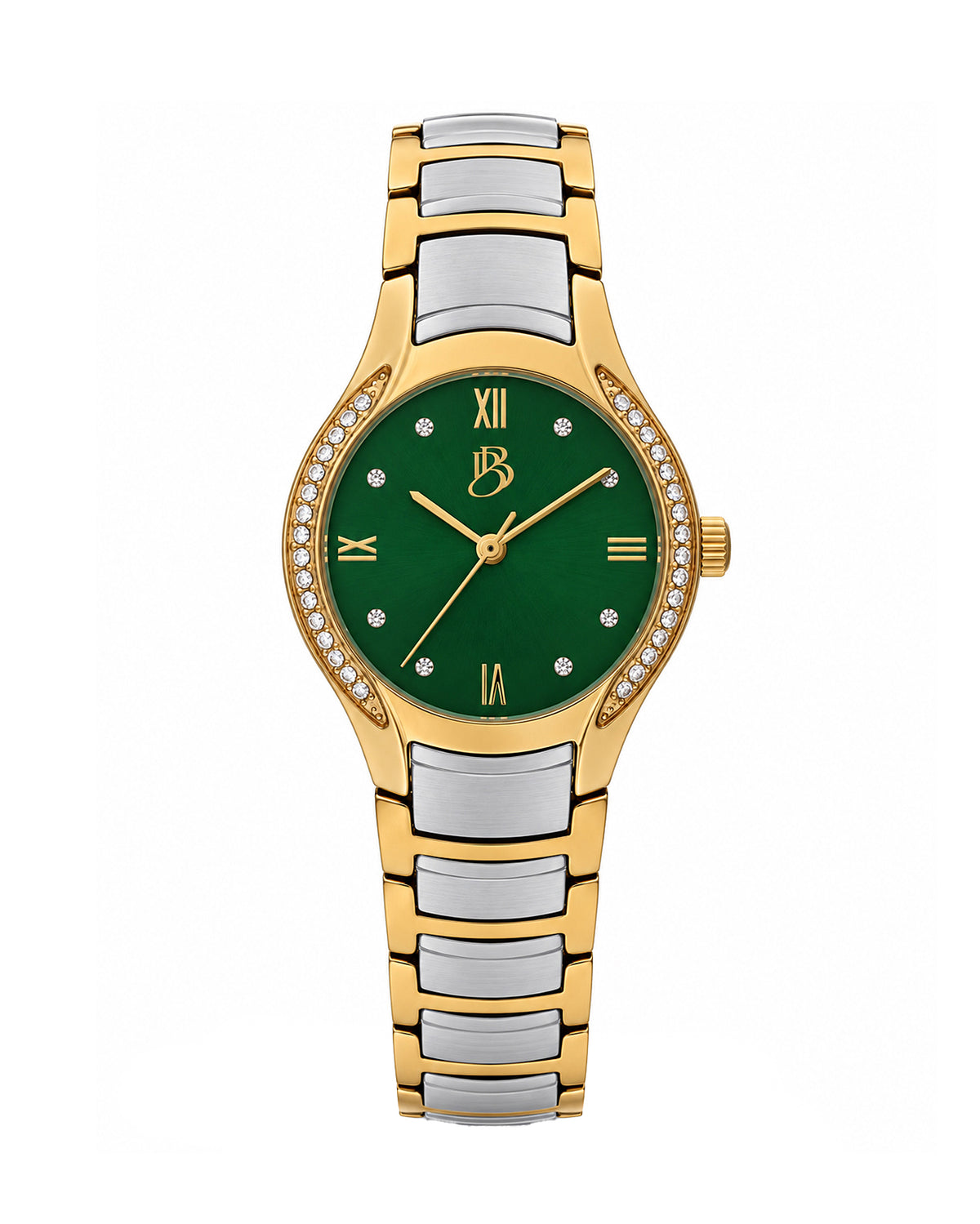 Two-tone Biba Bianchi women’s watch with a round case, sunray green dial, and two-tone stainless steel bracelet with a buckle closure.