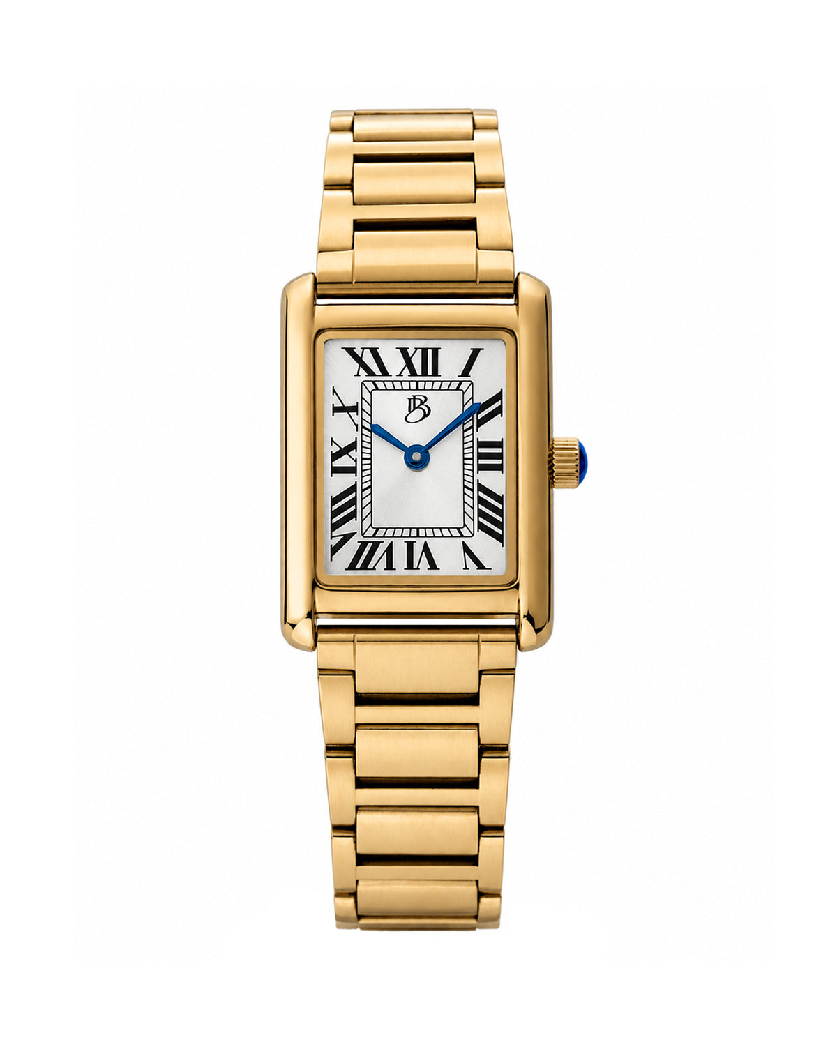 Gold Biba Bianchi women’s watch with a rectangular case, silver dial, black Roman numeral markers, blue hands, and a gold stainless steel bracelet.
