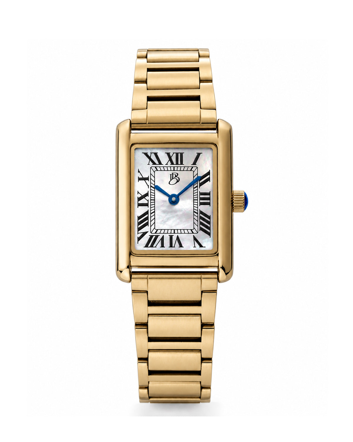 Gold Biba Bianchi women’s watch with a rectangular case, mother-of-pearl dial, black Roman numeral markers, blue hands, and a gold stainless steel bracelet.