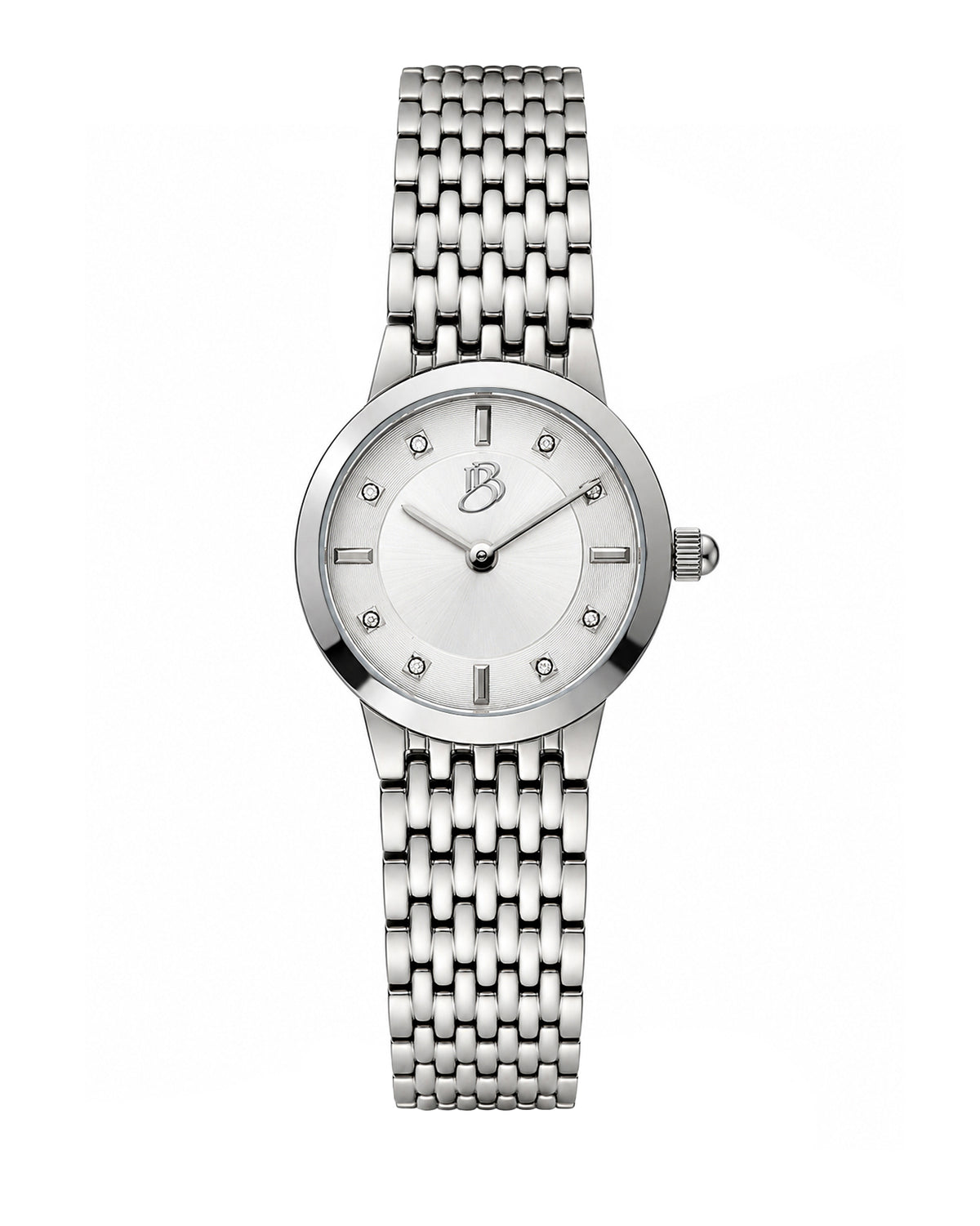 Silver Biba Bianchi women’s watch with a round case, silver dial, and silver stainless steel bracelet with a buckle closure.