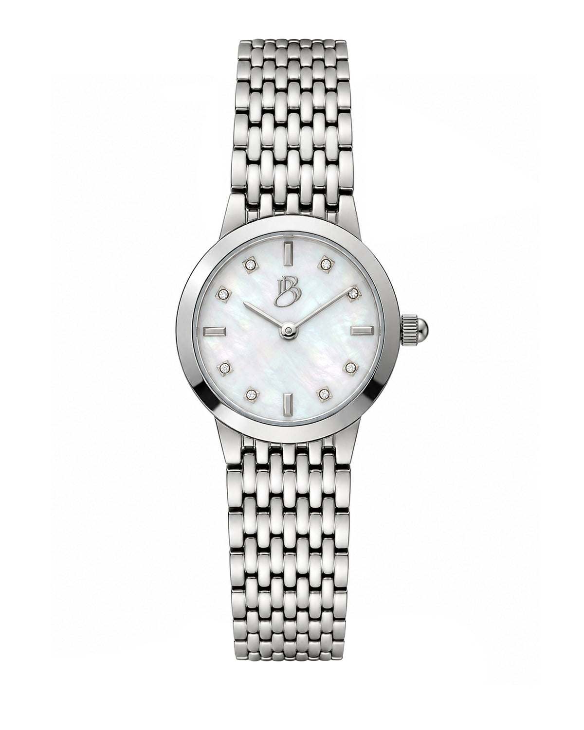 Silver Biba Bianchi women’s watch with a round case, white mother-of-pearl dial, and silver stainless steel bracelet with a buckle closure.