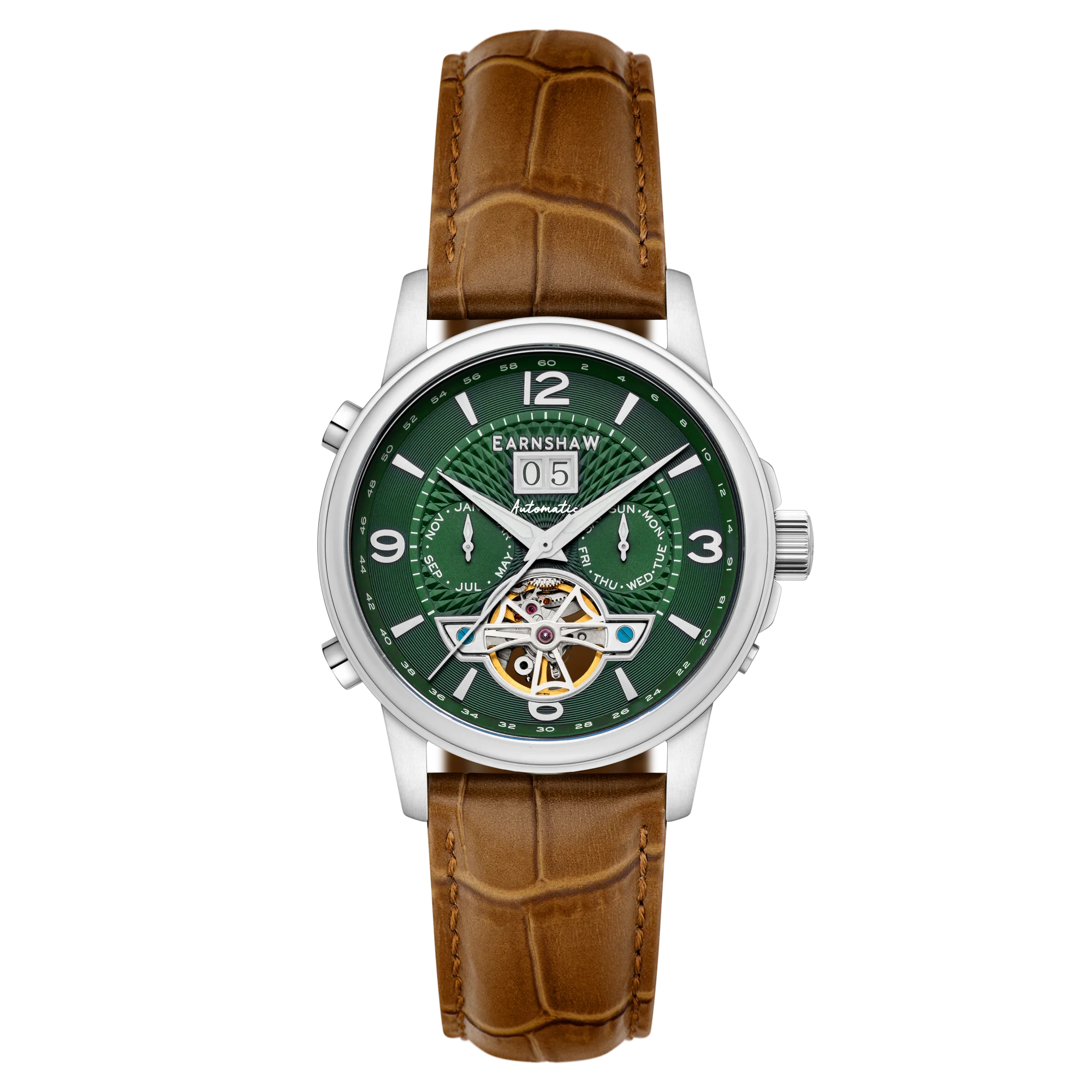 Men Watch with brown leather strap and green face 