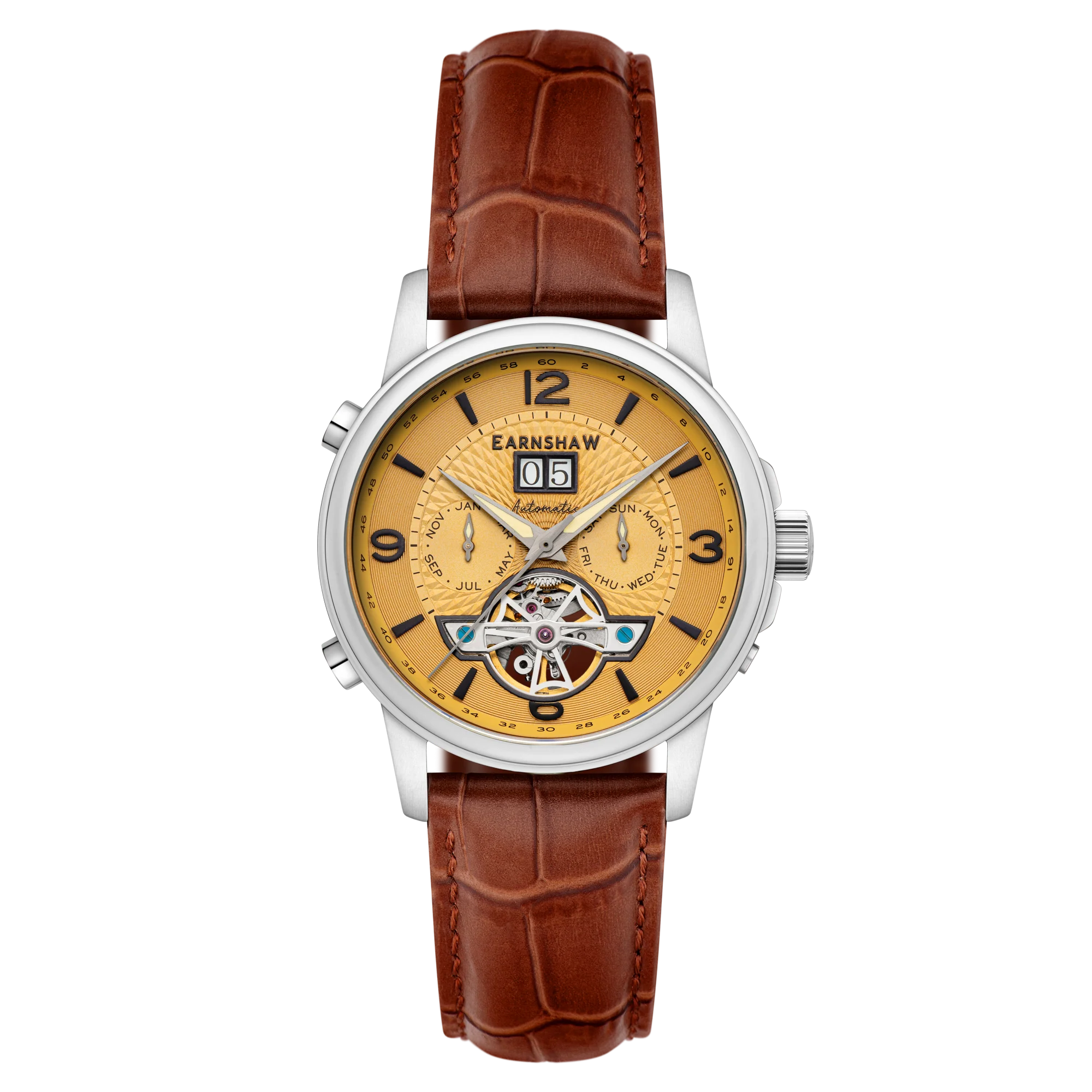 Men Watch with brown leather strap and gold face