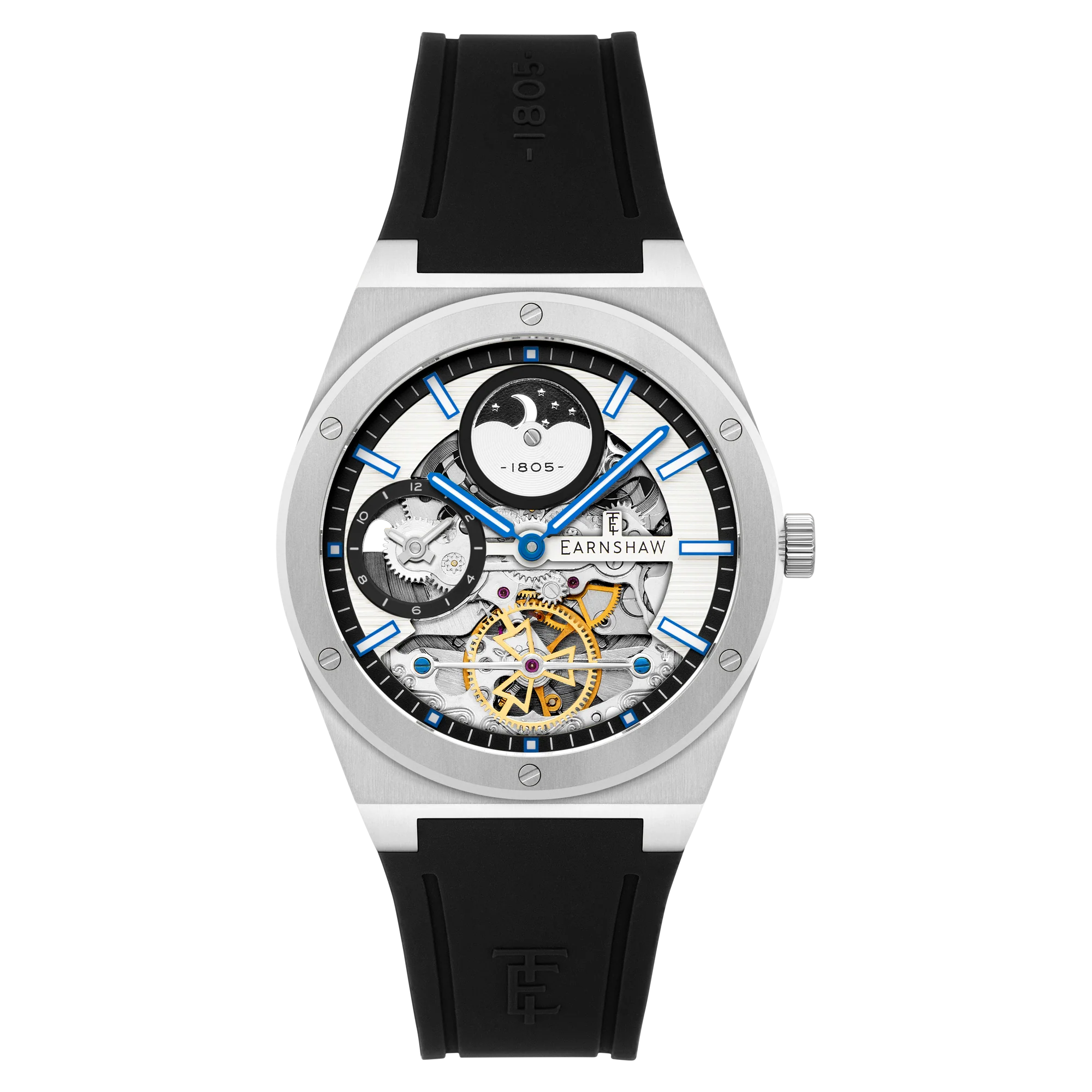 Men Watch with black strap and visible mechanical components 