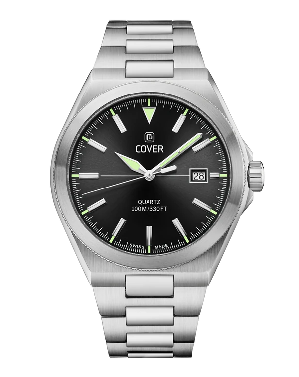 A men silver stainless steel watch with a black dial and green accents, featuring a sapphire glass case and a date indication.
